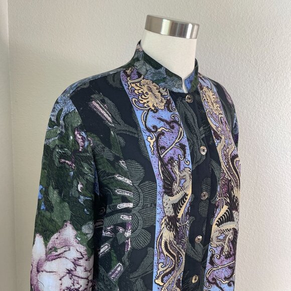 Citron Santa Monica Womens Medium Petite Silk Button Up Blouse Dragon Floral - Picture 2 of 12